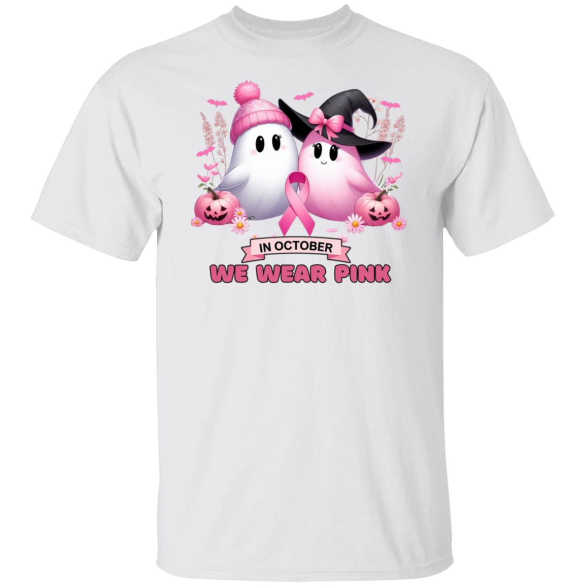 "In October We Wear Pink" Friendly Ghosts Halloween Breast Cancer Awareness T-Shirt