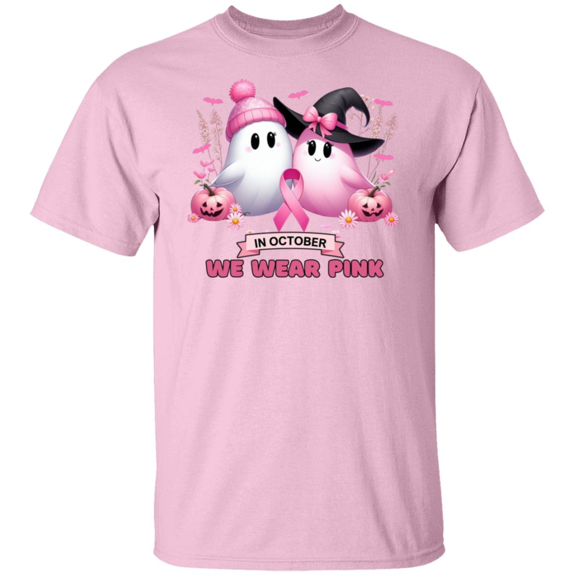 "In October We Wear Pink" Friendly Ghosts Halloween Breast Cancer Awareness T-Shirt