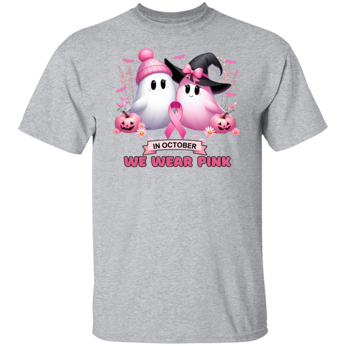 "In October We Wear Pink" Friendly Ghosts Halloween Breast Cancer Awareness T-Shirt