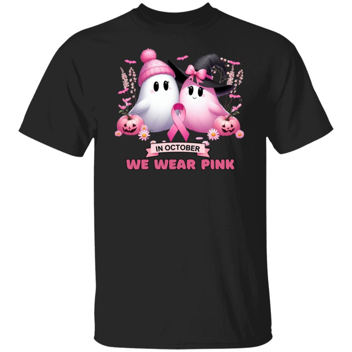 "In October We Wear Pink" Friendly Ghosts Halloween Breast Cancer Awareness T-Shirt