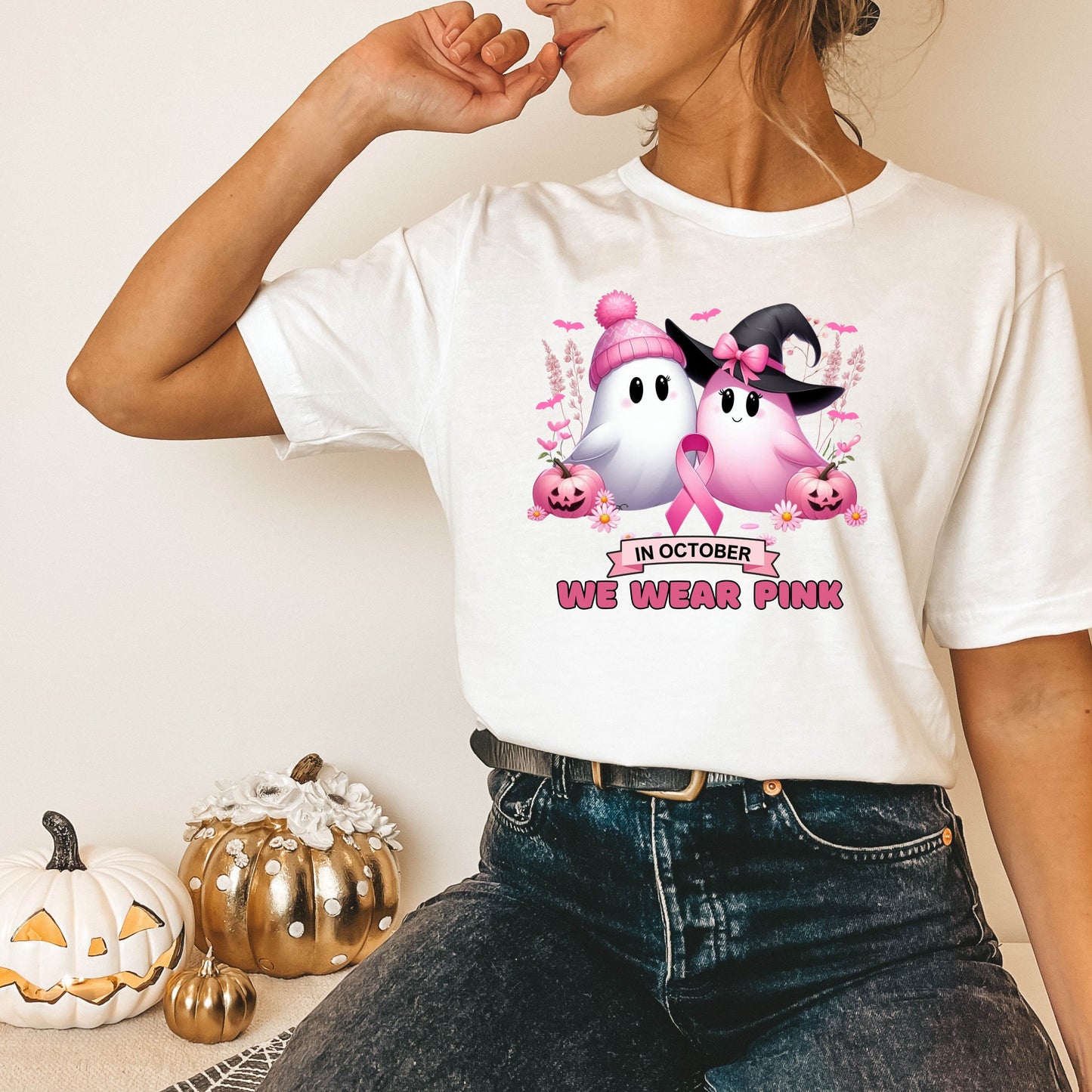 "In October We Wear Pink" Friendly Ghosts Halloween Breast Cancer Awareness T-Shirt